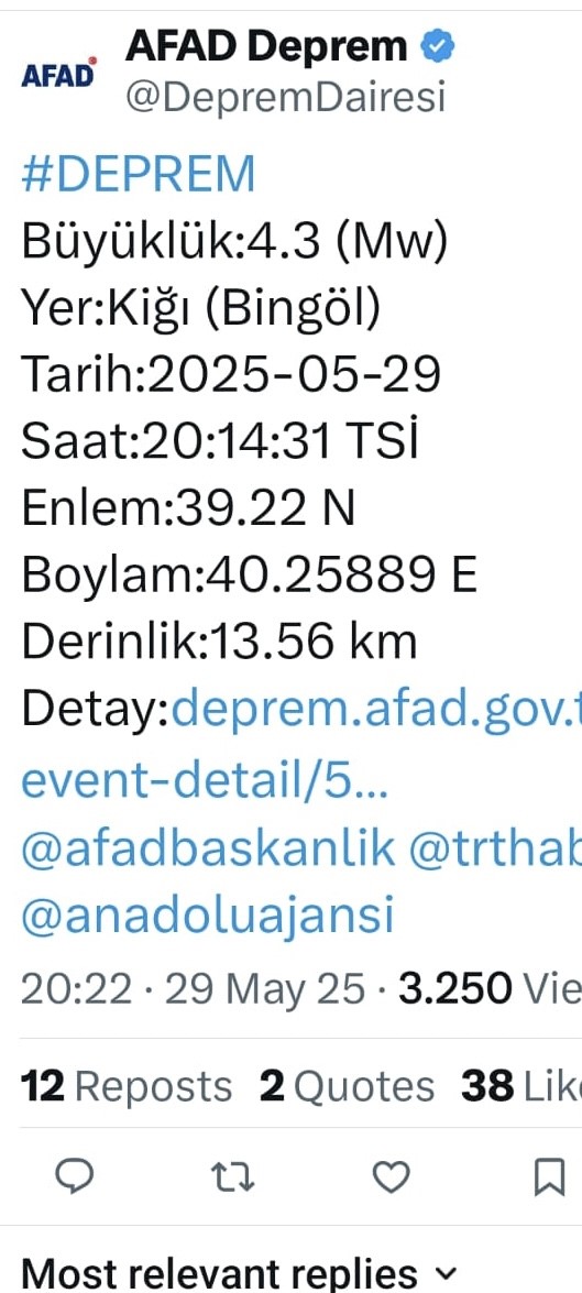 Bingöl’de 4,3 büyüklüğünde deprem
