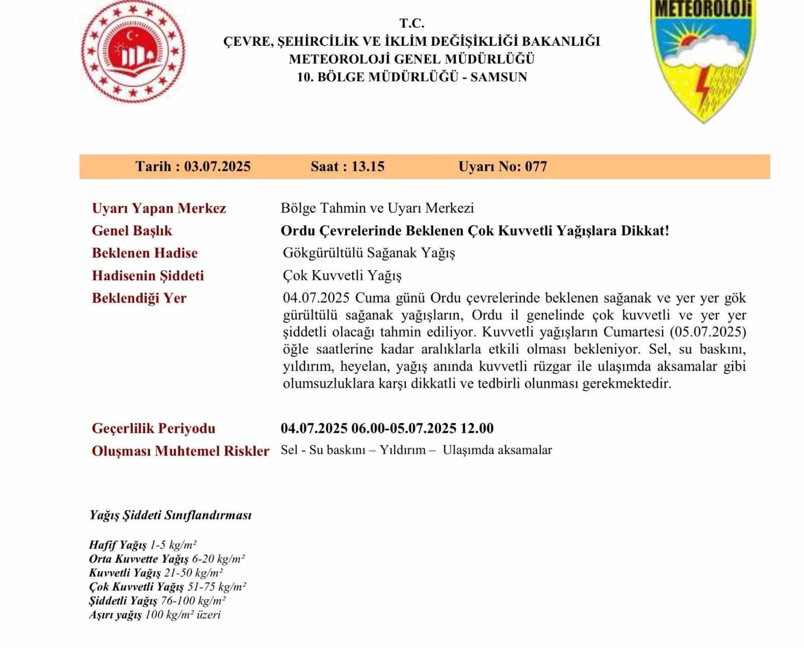 Ordu için ‘çok kuvvetli ve şiddetli’ yağış uyarısı 