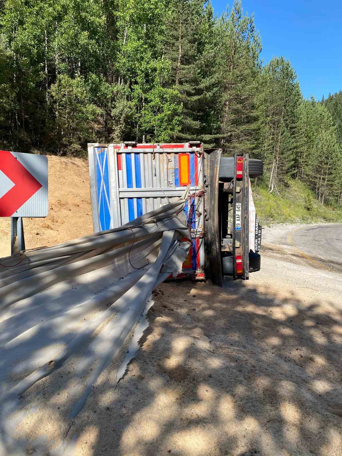 Virajı alamayan talaş yüklü tır devrildi: 2 yaralı 
