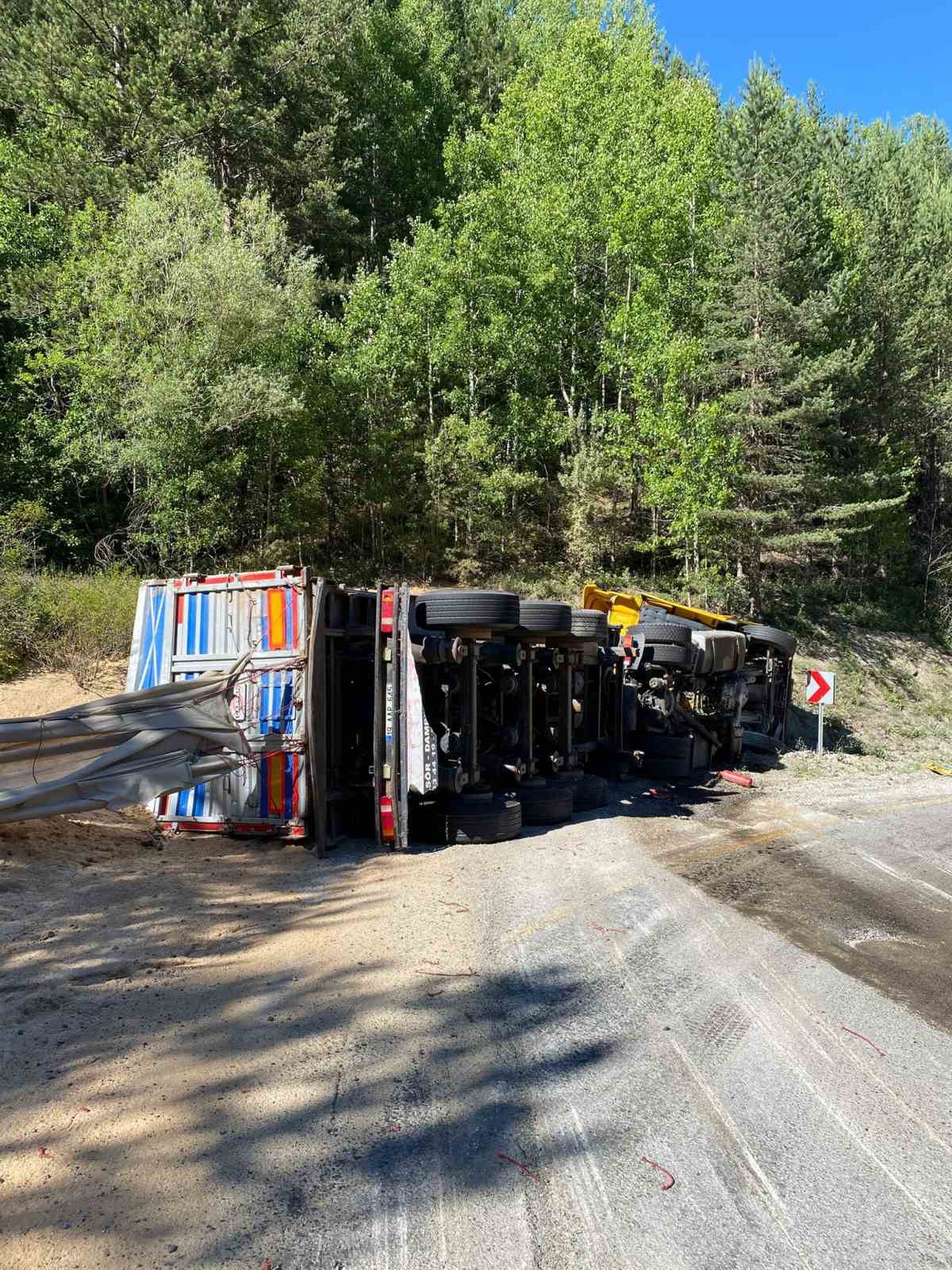 Virajı alamayan talaş yüklü tır devrildi: 2 yaralı 