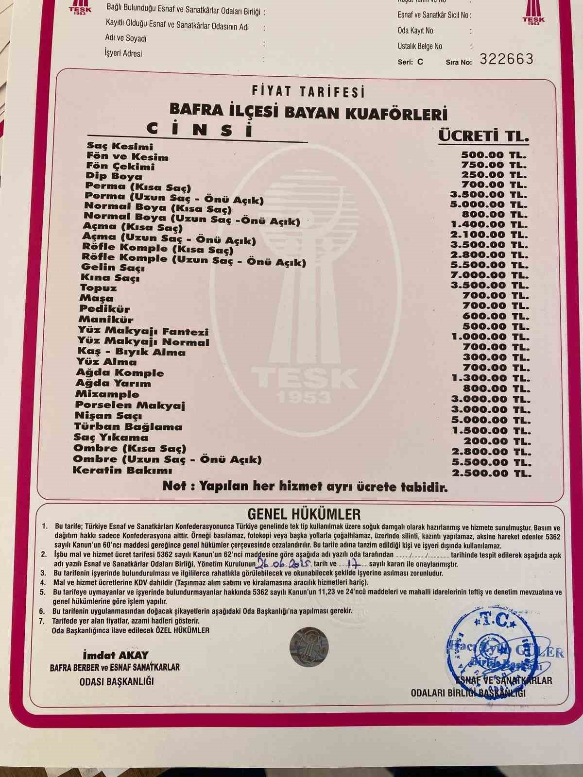 Bafra’da berber ve kuaförlere zam: Ense tıraşı 150 lira 