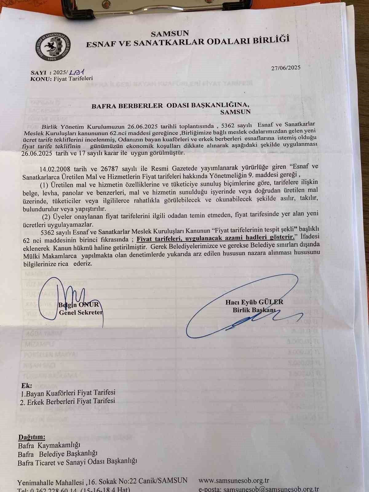 Bafra’da berber ve kuaförlere zam: Ense tıraşı 150 lira 