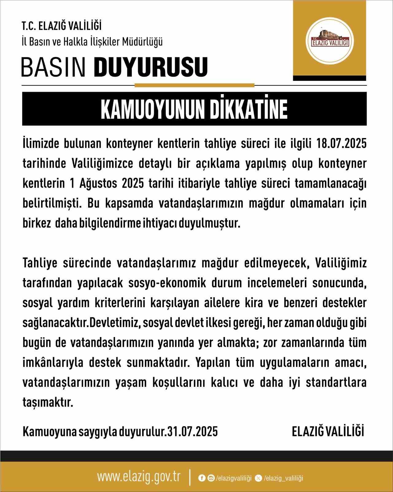 Elazığ’da konteyner kentler yarın tahliye ediliyor