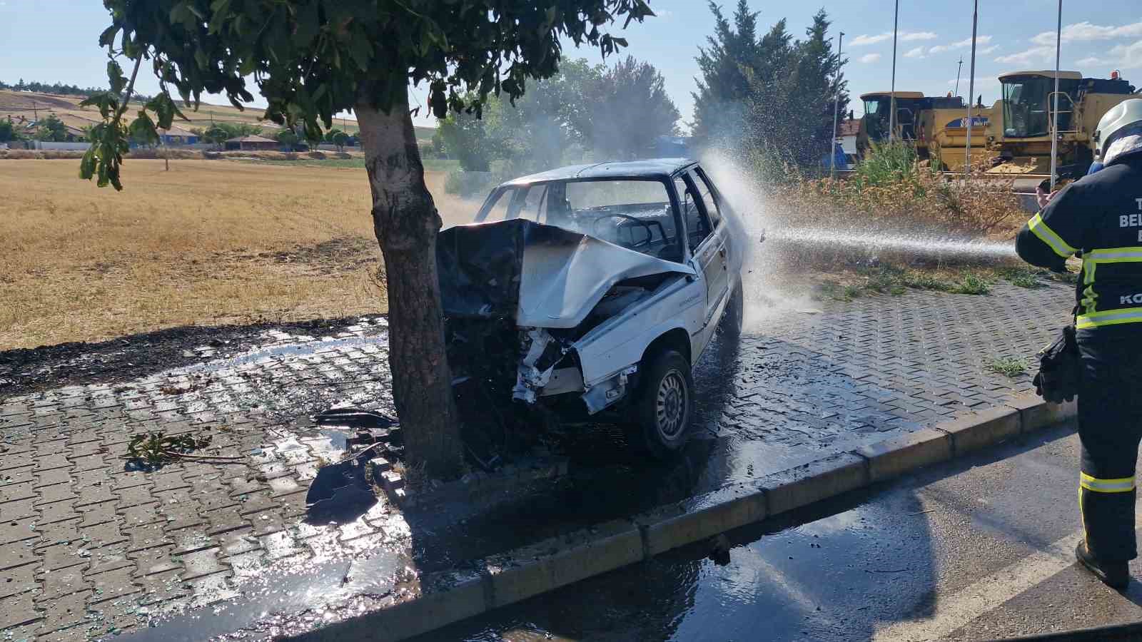Ağaca çarpan otomobil yandı: 1 yaralı 