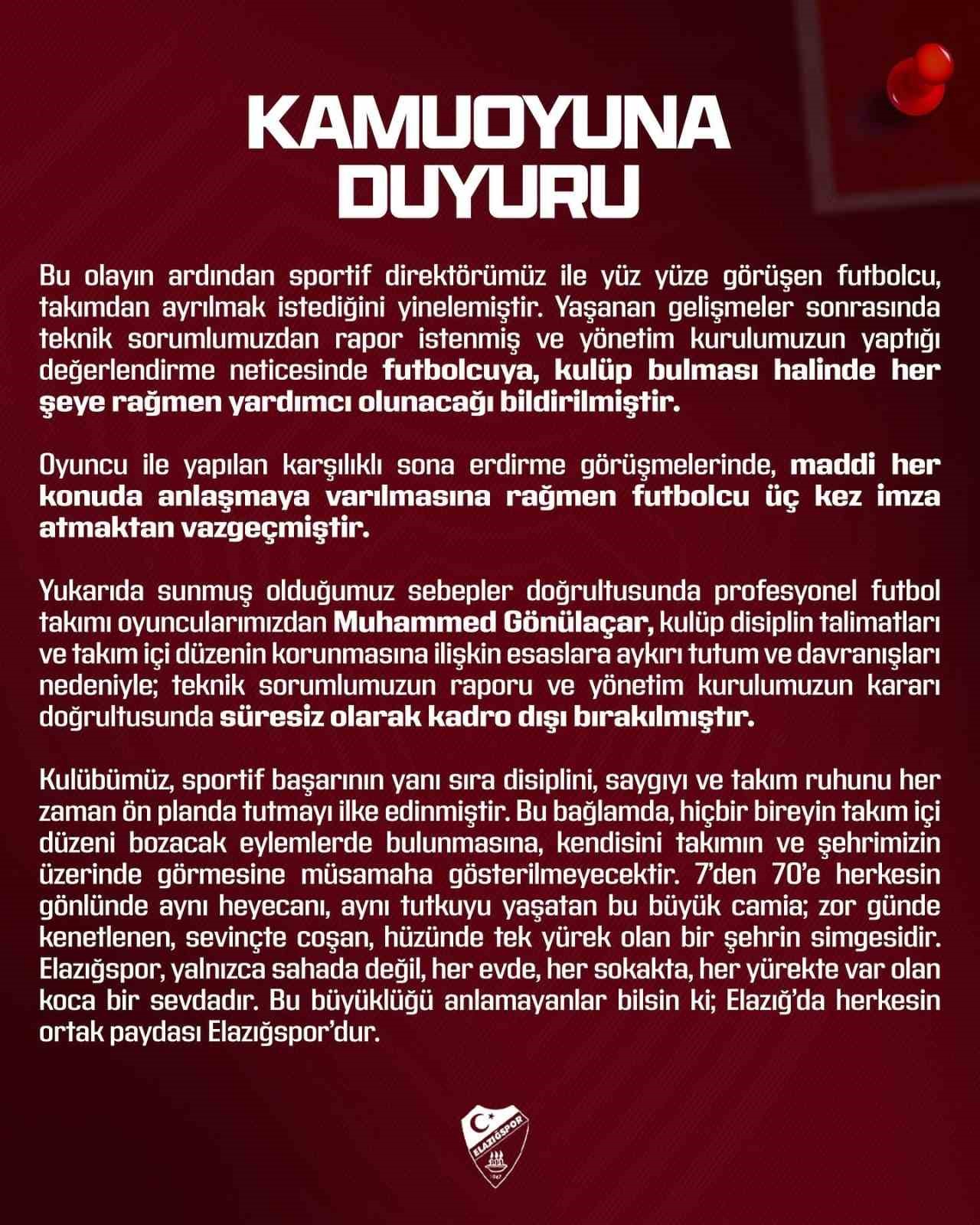 Elazığspor’dan Muhammed Gönülaçar açıklaması 