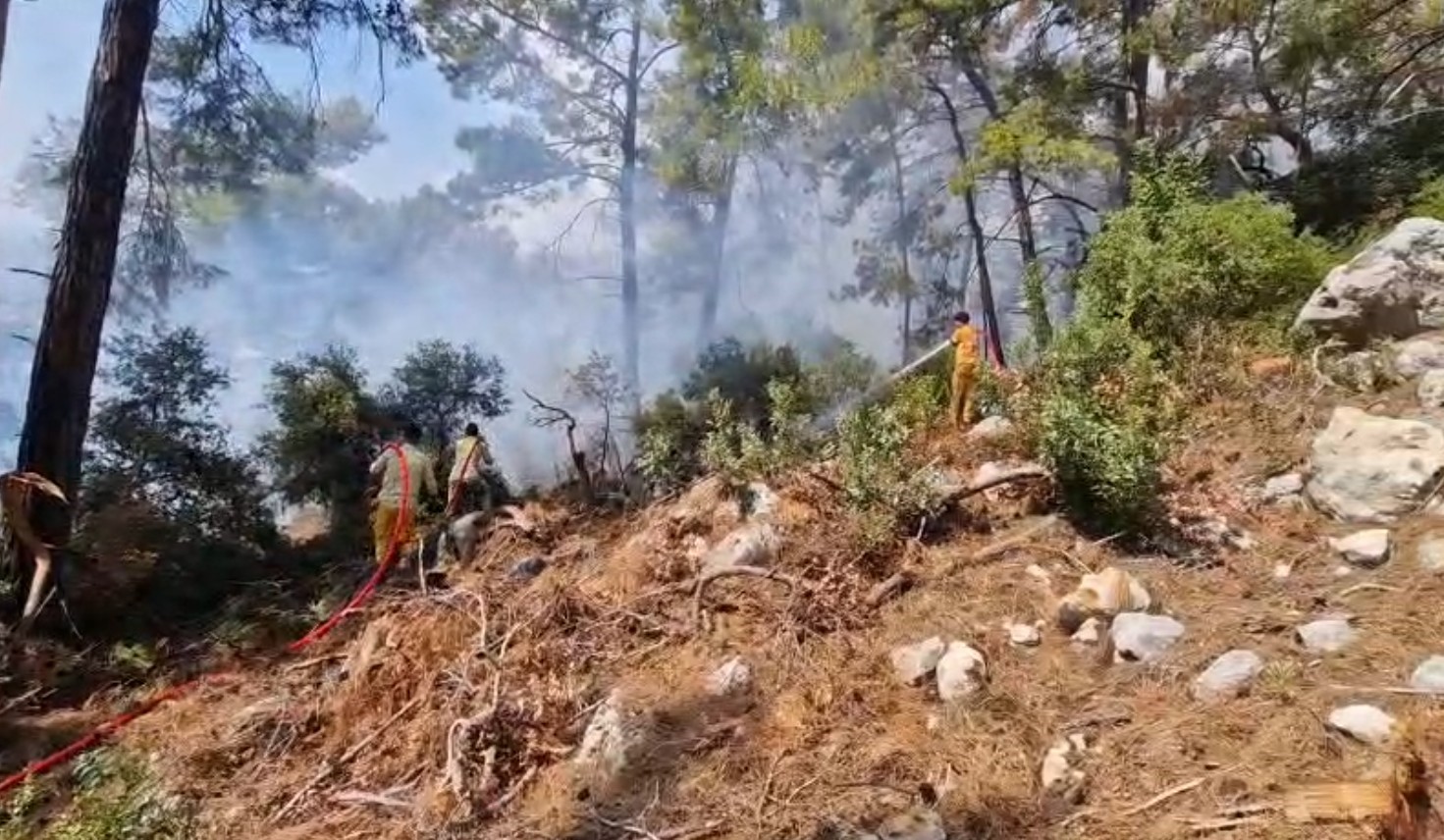 Kemer’de ormanlık alanda çıkan yangına havadan ve karadan müdahale 